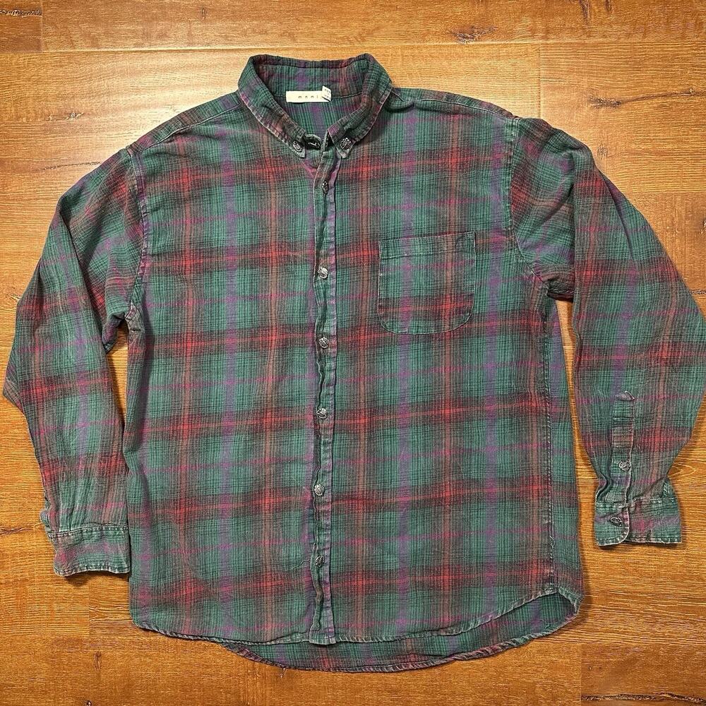Mnml Flannel Button Up Shirt Mens L Green Tartan Plaid Oversized Scorpion Retro
